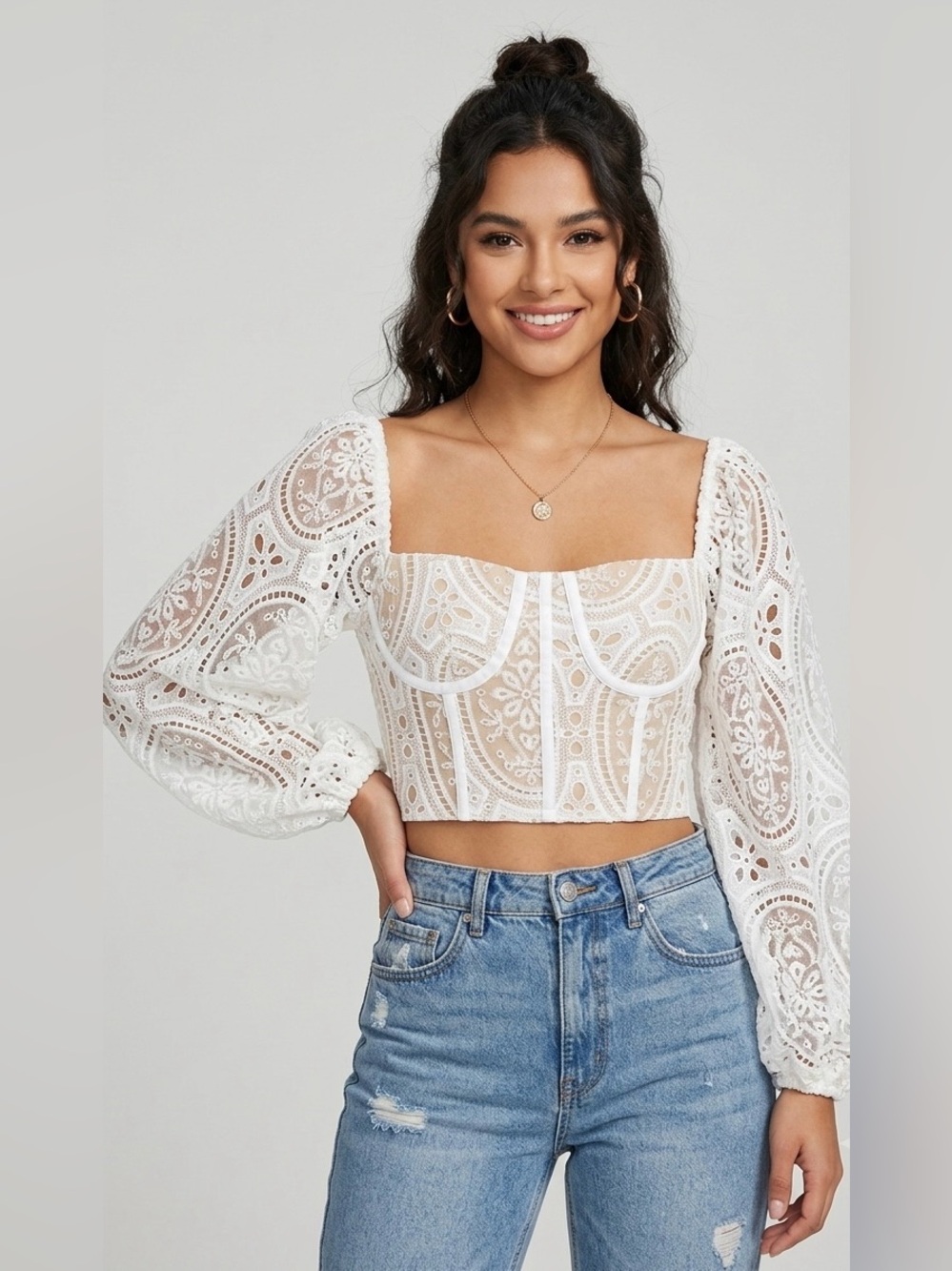BEULAH White Floral Lace Puff Sleeve Corset Crop Top | Nude Illusion Bustier